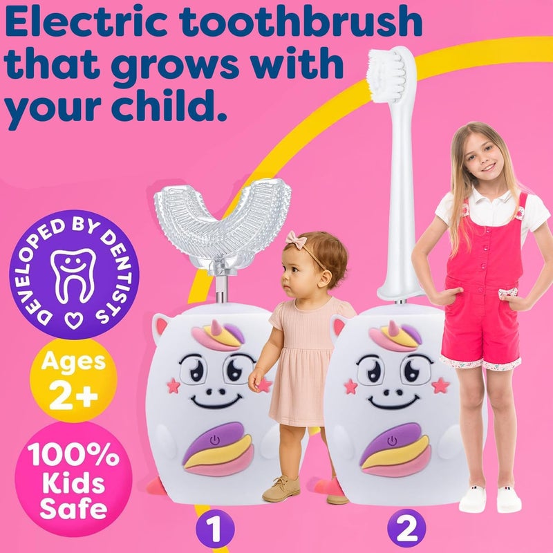 Trueocity Kids U Shape Toothbrush Auto Electric Toddler Rechargeable Kids Automatic Toothbrush | 360° U-Shaped Silicone Brush Head | Gentle Cleaning for Ages 2–7 | Unicorn Design (Pink) - Image 2